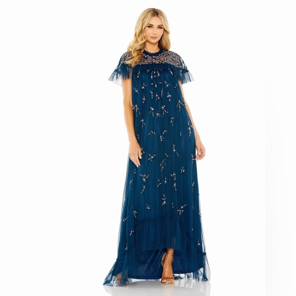 Mac Duggal 9262 NWOT High Neck Embellished Gown in Ocean Blue - Picture 2 of 9